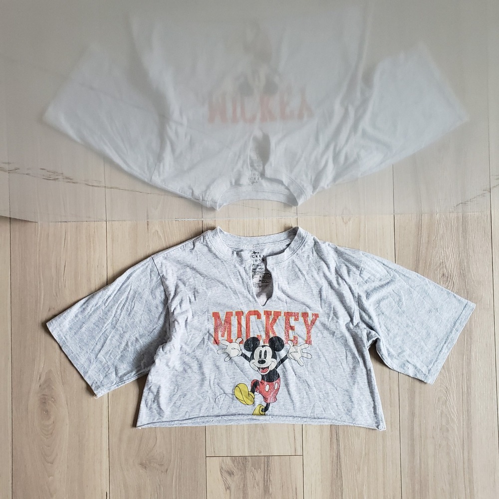 Disney‎ Mickey Mouse Crop Top Womens XS Gray Graphic Tee Raw Hem Cutout